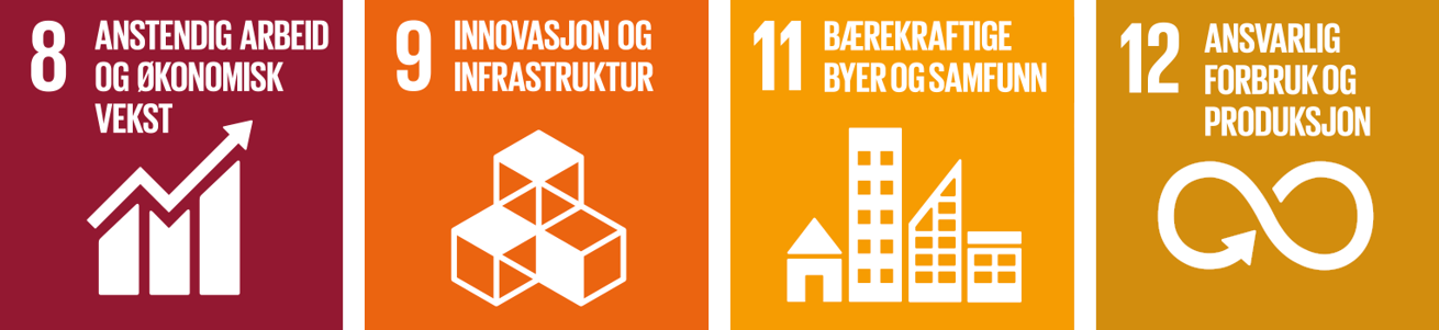 Icons that symbolise decent work and economic growth, innovation and infrastructure, sustainable cities and communities, and responsible consumption and production.