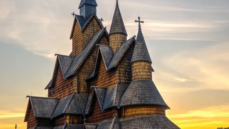 Heddal stave church in Notodden at sunset.